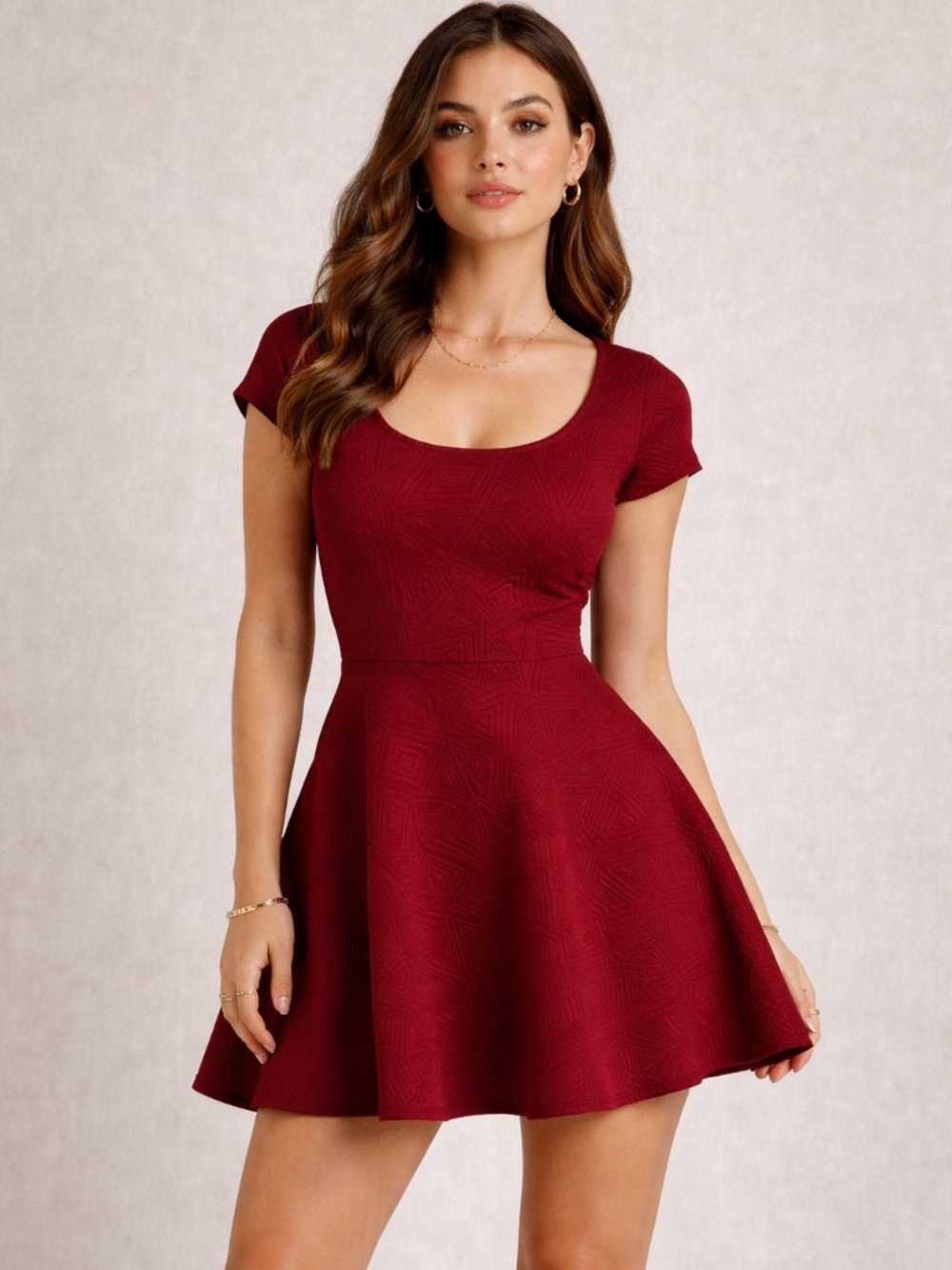 Planet Gold Textured Fit & Flare Skater Dress  Short Sleeve A-Line Size L